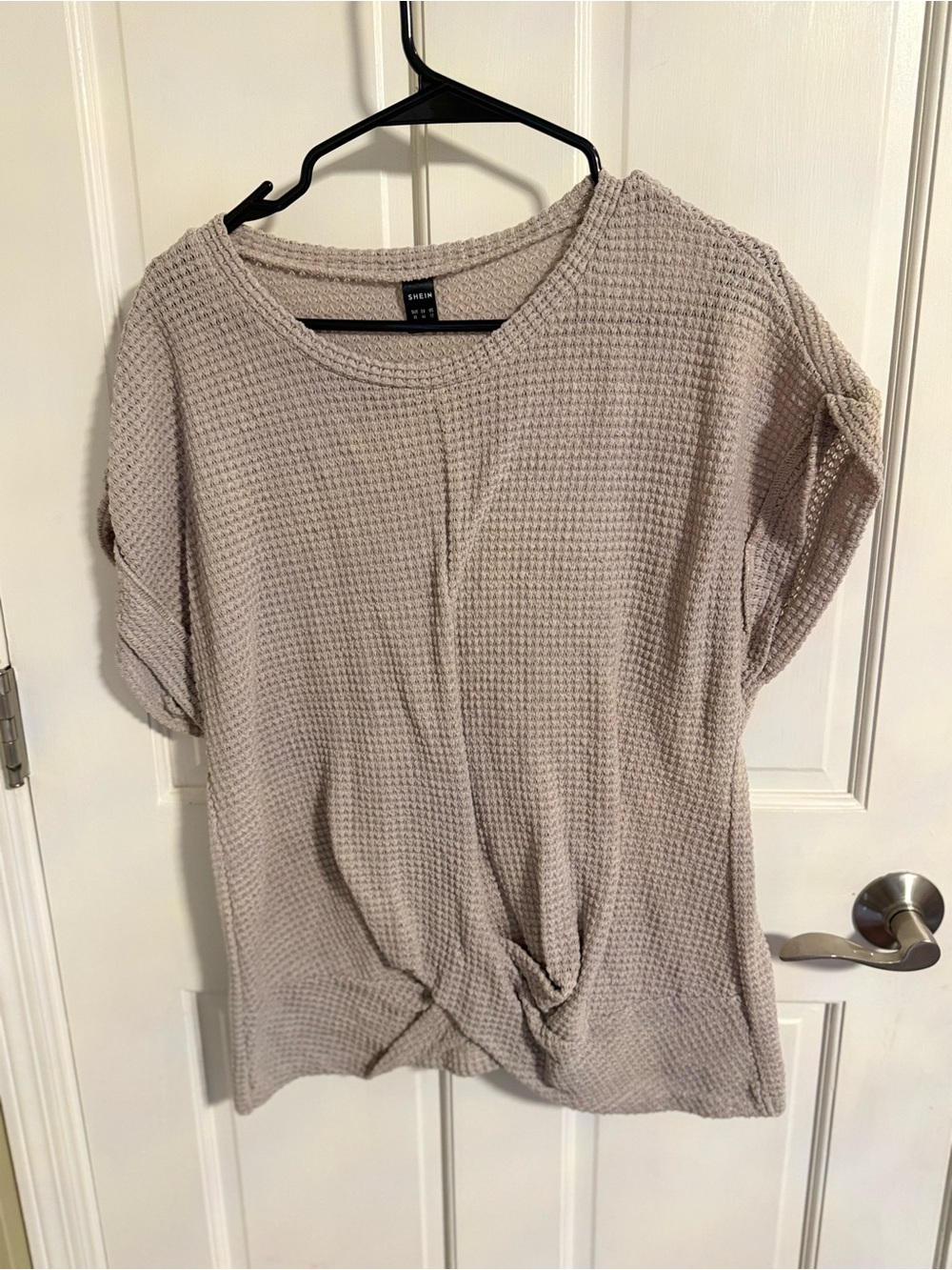 SHEIN Beige Waffle-Knit Short Sleeve Knot Front Top